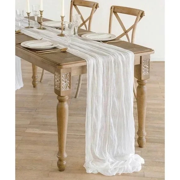 5 Pack | Wedding Dining Tablecloth Cheesecloth Table Runner 25" x 13ft - White - Picture 2 of 3